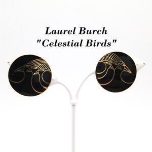 Laurel Burch Celestial Birds Earrings Black Enamel Gold Cloisonné Clip 1980s